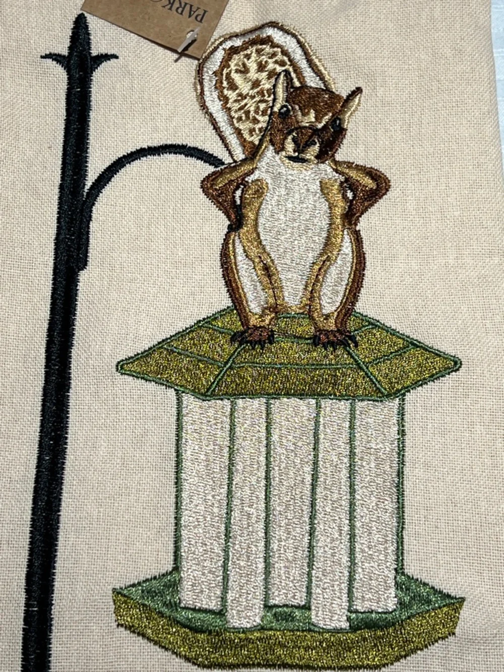 Park Lane Beige Kitchen Towel with Multicolor Embroidered Squirrel & Birdfeeder